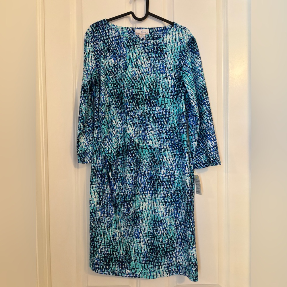 Jude Connally Aqua and Navy Patterned Midi Dress